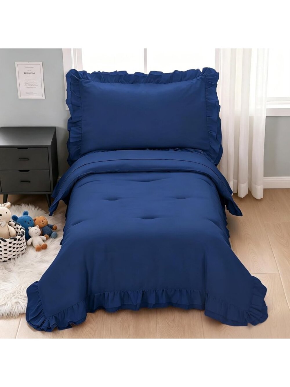Soft & Breathable Toddler Bedding Set, 4-Piece Comforter, Ruffled, Navy Blue
